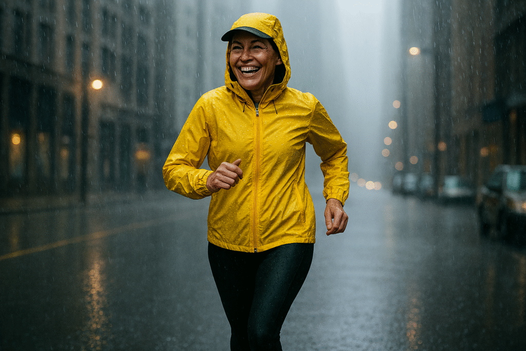 Marathon runner enjoying a rainy day workout, focused on safety, technique, and running tips for wet conditions.