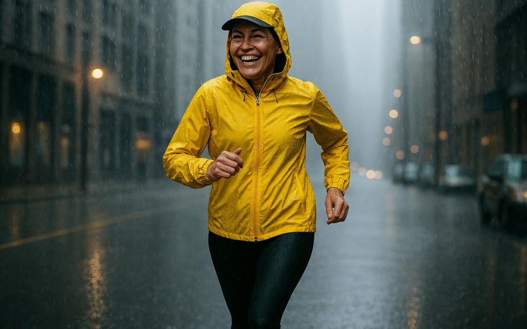 Marathon runner enjoying a rainy day workout, focused on safety, technique, and running tips for wet conditions.