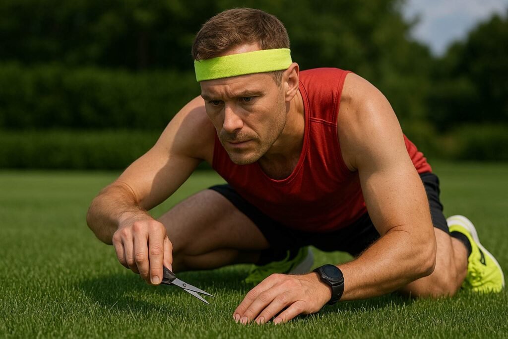 A focused runner in full athletic gear carefully trims a single blade of grass with tiny scissors, symbolizing perfectionism and the tendency to overdo details â a visual metaphor for overanalyzing in running.