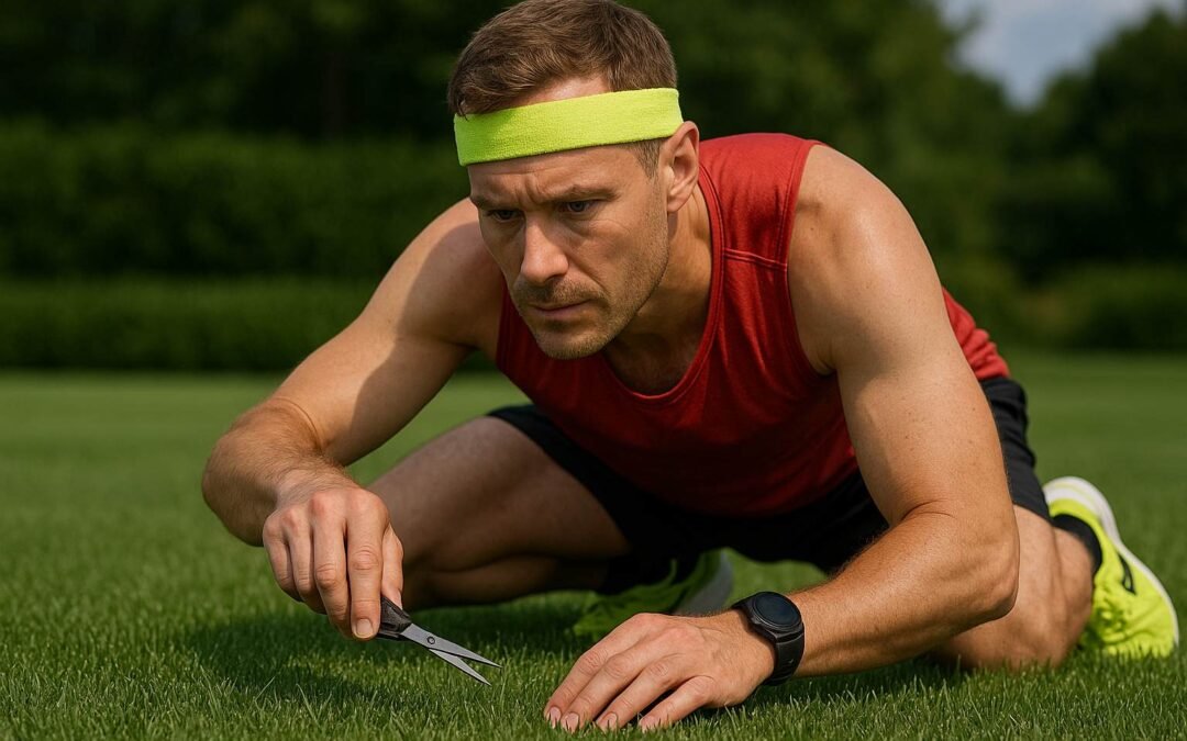 A focused runner in full athletic gear carefully trims a single blade of grass with tiny scissors, symbolizing perfectionism and the tendency to overdo details â a visual metaphor for overanalyzing in running.